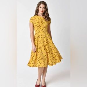 Unique Vintage Yellow and Red Floral Print 40s Style Dress